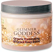 A 4oz tub labeled GLIMMER GODDESS ORGANIC SKIN CARE Organic Illuminating Whipped Body Butter containing gold flakes of shimmer with a simple design.