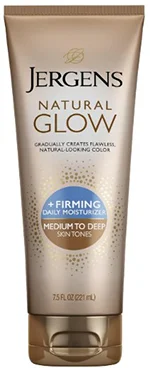 A 7.5 ounce tube of Jergens Natural Glow self tanner for medium to deep skin tones, combined with firming daily moisturizer lotion and ultra fine illuminating micro pearls in a bottle.