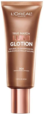 1.35 fluid ounces of L'Oreal Paris True Match Lumi Glotion Natural Glow Enhancer shade 904 Deep Glow in a bronze tube with a pump dispenser.