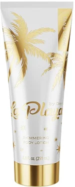 Gold-accented tube of La Playa shimmering body lotion containing highlighter and liquid moisturizer with palm tree design, showcasing a tan and glowing skin effect.