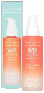 Pacifica Glow Baby face lotion bottles with pump, showcasing vegan Vitamin C and E skincare and luminiscent ingredients on blue and white backgrounds.