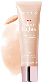 A 30 ml tube of Revlon Skin Lights Face Glow Illuminator containing pearl pigments in Sunrise Luster with a swatch of the illuminating product beside it.